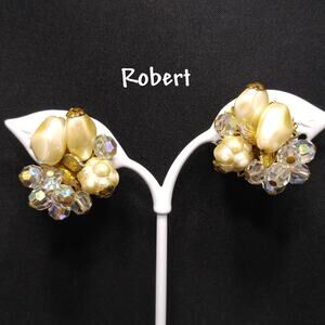 Robert Faux Pearl Austrian Crystal Earrings, 1950s Vintage Jewelry